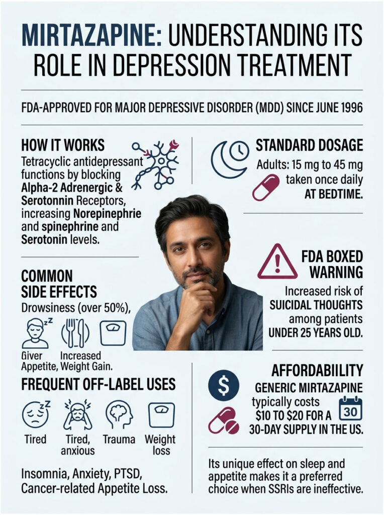 Infographic explaining Mirtazapine's role in depression treatment with dosage, side effects, and affordability details.