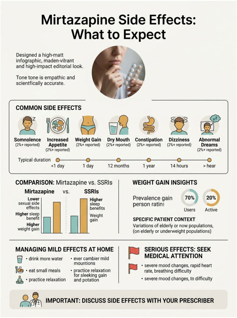 Infographic on Mirtazapine side effects, including common effects, comparisons, and management tips.