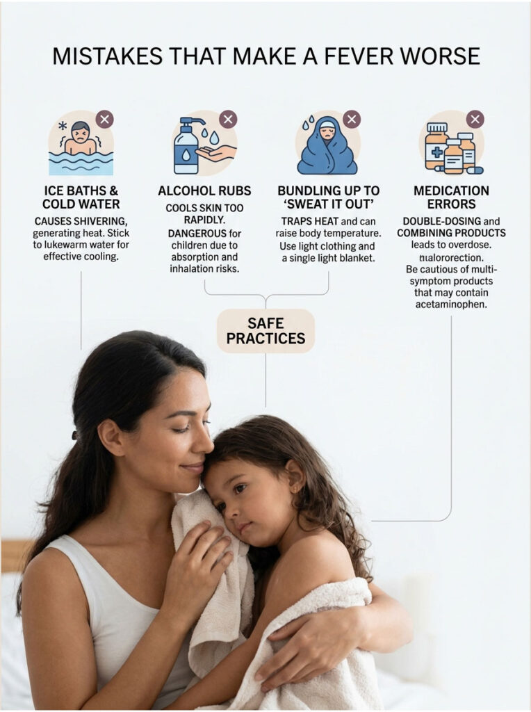 Infographic detailing mistakes that worsen a fever, featuring a mother with a child and icons for each mistake.