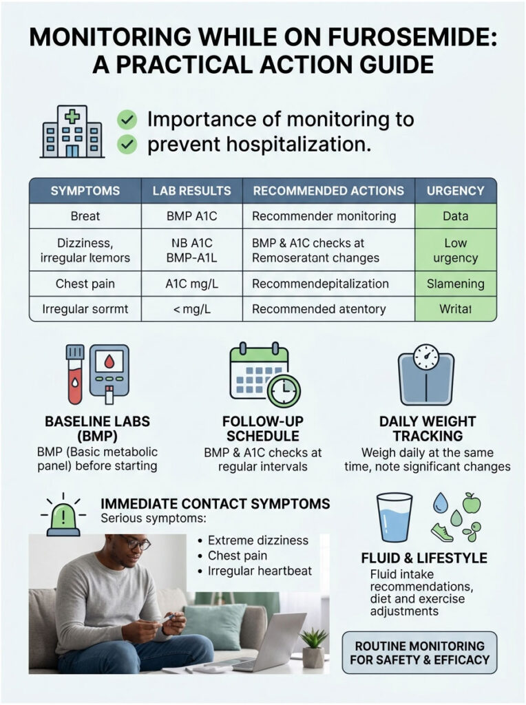 Infographic detailing monitoring guidelines while on furosemide, including symptoms, lab results, and actions.