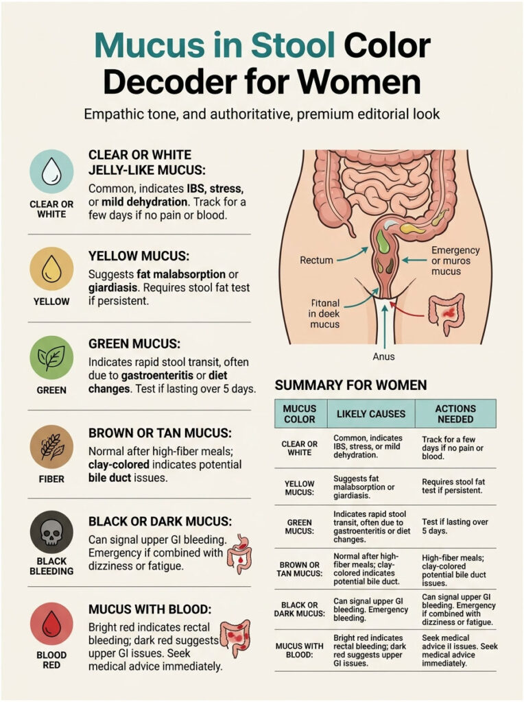 Infographic explaining mucus color in stool for women, detailing causes and actions needed for each color.