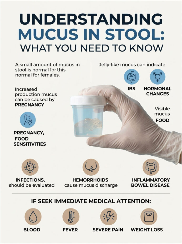 Infographic explaining mucus in stool, showing a hand holding a sample container with mucus, and key causes and symptoms.