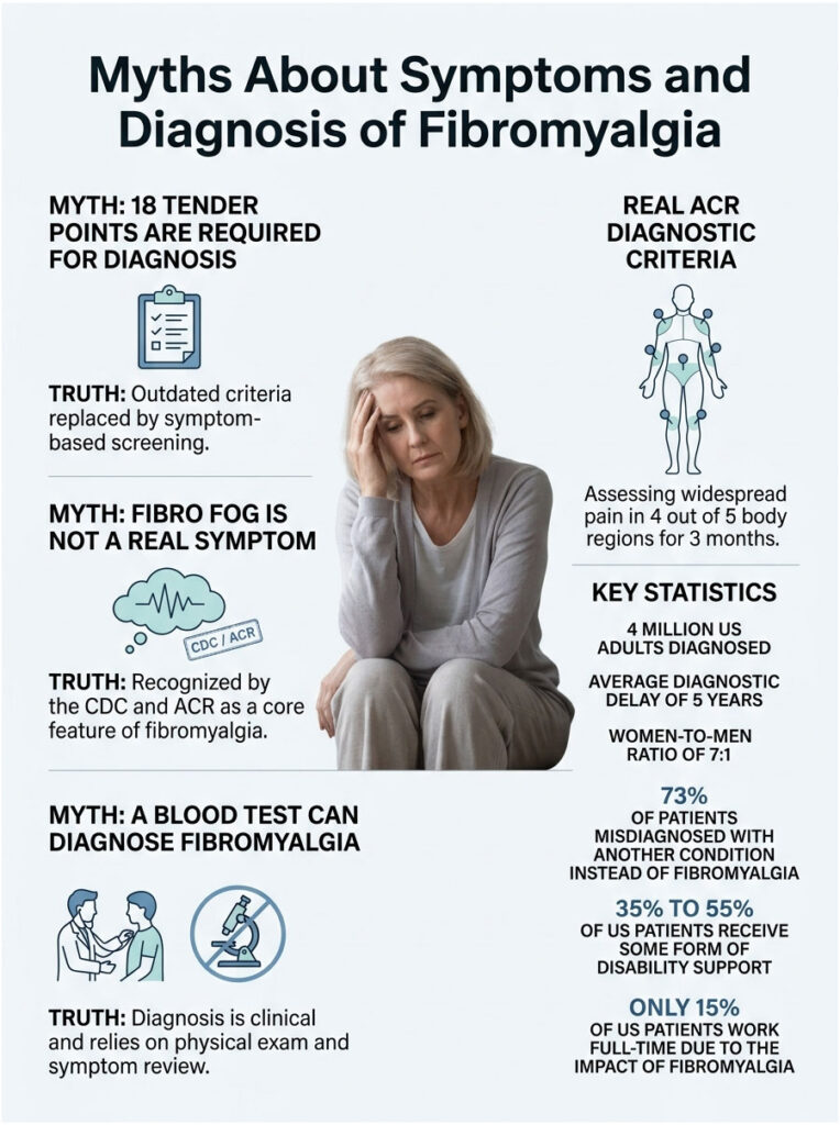 Infographic debunking fibromyalgia myths with statistics and diagnostic criteria, featuring a woman in distress.