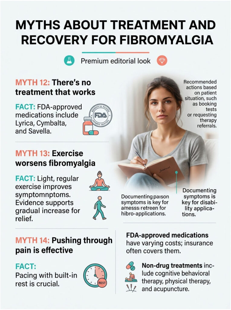 Infographic showing myths and facts about fibromyalgia treatment, featuring text and icons related to exercise and medications.