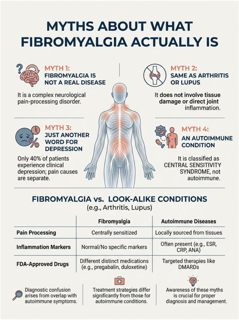 Infographic debunking myths about fibromyalgia, featuring a human figure and comparison table with key data points.