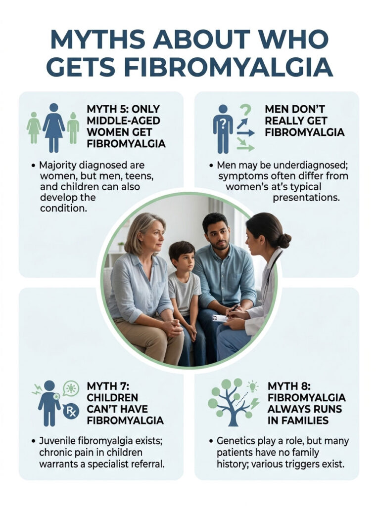 Infographic debunking fibromyalgia myths with text and images of diverse people discussing health issues.