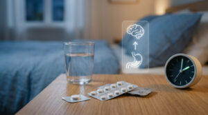 A bedside table with a glass of water, pill packets, and a clock in a softly lit bedroom setting.
