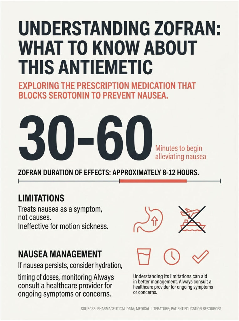 Infographic explaining Zofran's effects, duration, limitations, and nausea management tips with icons and text.