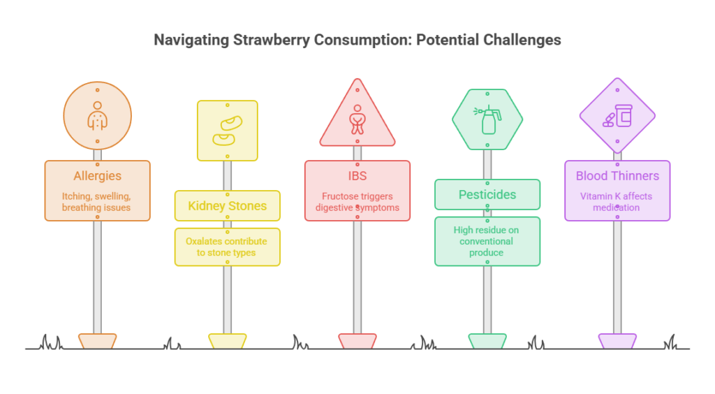 Infographic showing potential challenges of strawberry consumption, including allergies, kidney stones, IBS, pesticides, and blood thinners.