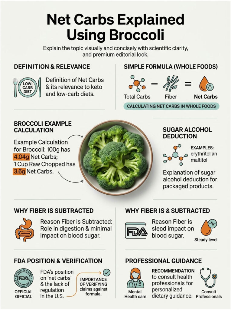 Infographic explaining net carbs using broccoli, featuring calculations, definitions, and dietary guidance.