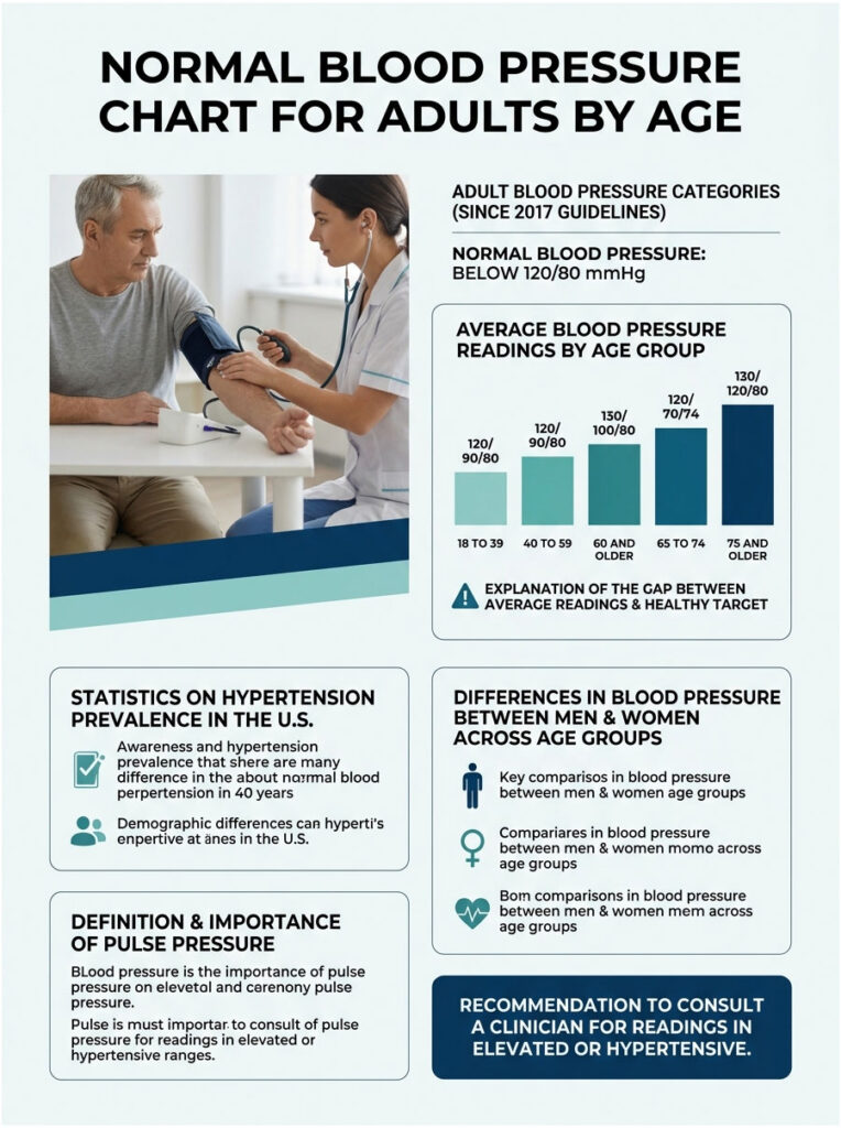 Infographic showing normal blood pressure chart, statistics, and differences by age and gender for adults.