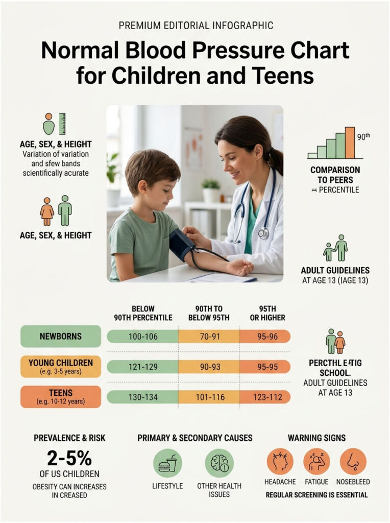 Infographic showing normal blood pressure chart for children and teens with guidelines and warning signs.