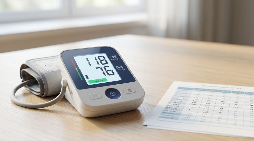A digital blood pressure monitor displays readings of 118 over 76 on a wooden table beside a blood pressure chart.