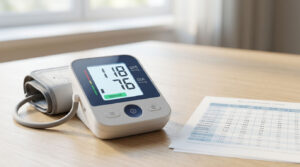 A digital blood pressure monitor displays readings of 118 over 76 on a wooden table beside a blood pressure chart.