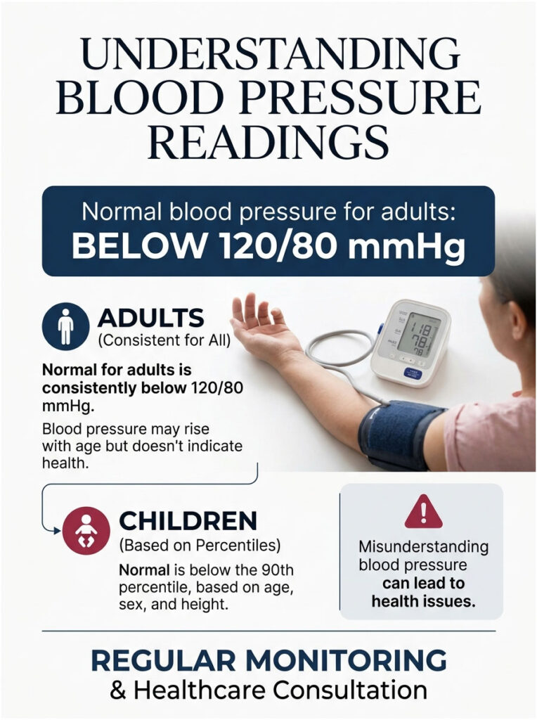Infographic explaining blood pressure readings for adults and children, highlighting normal ranges and monitoring importance.