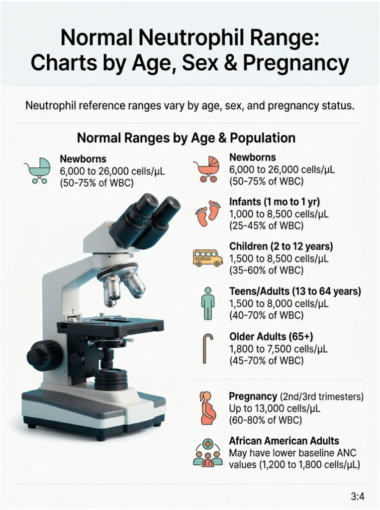 Infographic showing normal neutrophil ranges by age, sex, and pregnancy with a microscope illustration.