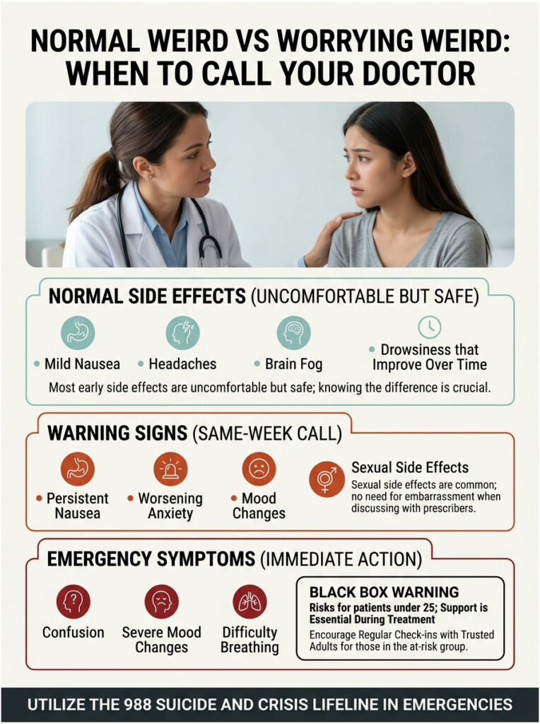 Infographic comparing normal side effects and warning signs for health concerns, featuring icons and text details.