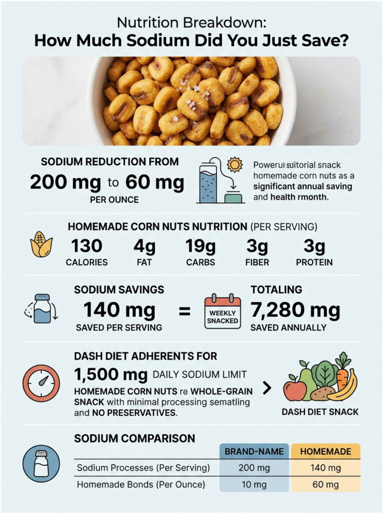 Infographic showing sodium reduction in homemade corn nuts, nutrition facts, and savings comparison with brand-name snacks.