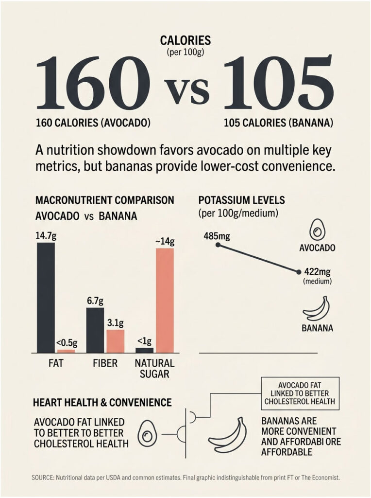 Infographic comparing nutritional values of avocado and banana, highlighting calories, macronutrients, and potassium levels.