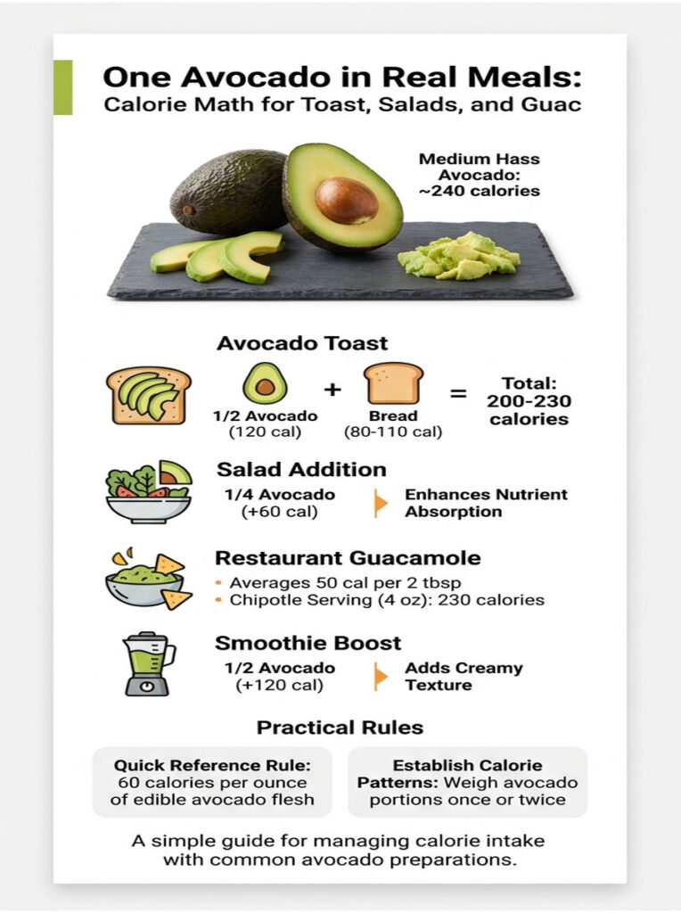 Infographic showing calorie math for avocado toast, salads, guacamole, and smoothies with visuals and data.