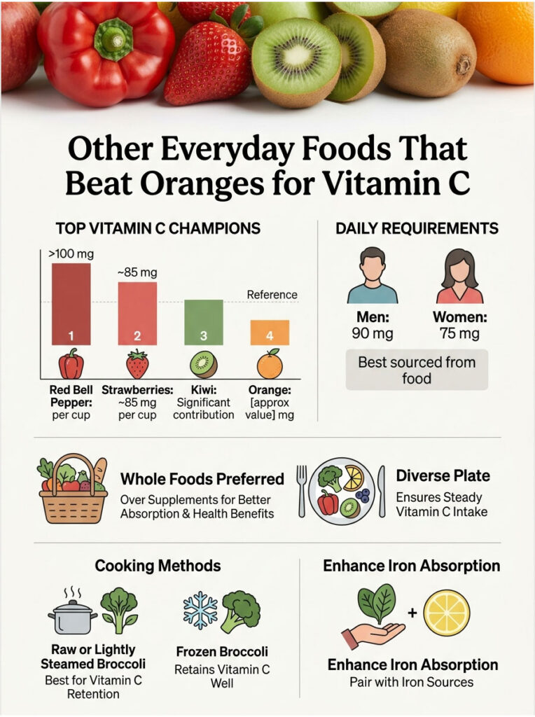 Infographic showing foods high in Vitamin C, daily requirements, and cooking methods for retention and absorption.