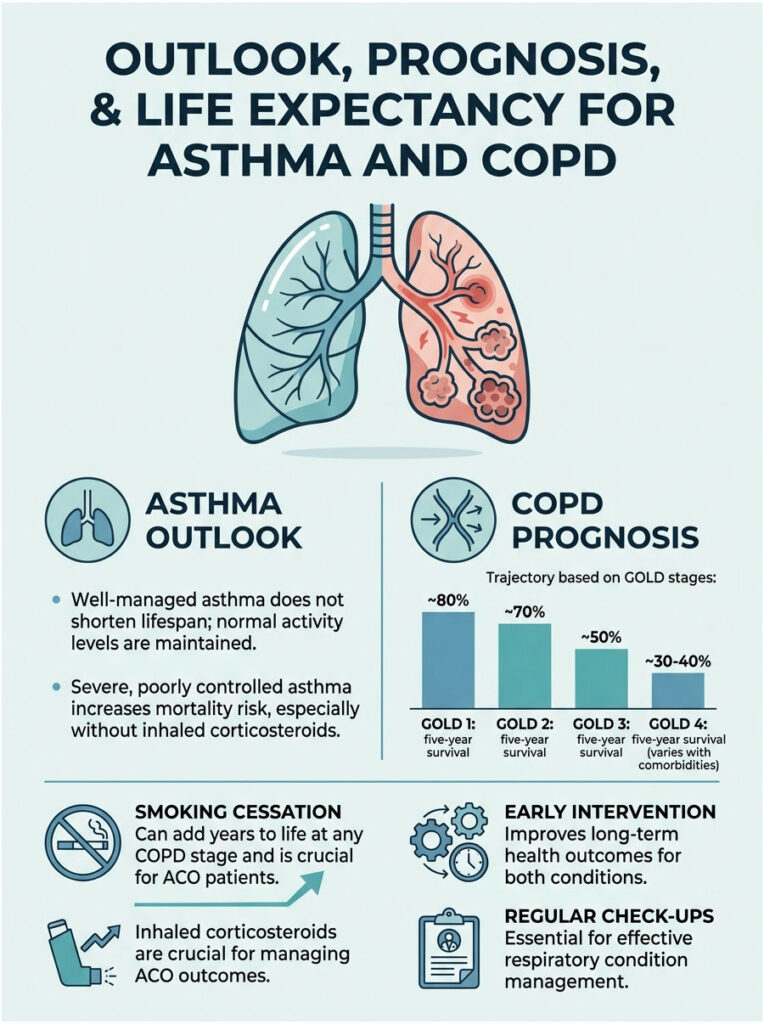 Infographic showing asthma and COPD outlook, prognosis, and life expectancy with charts and icons.