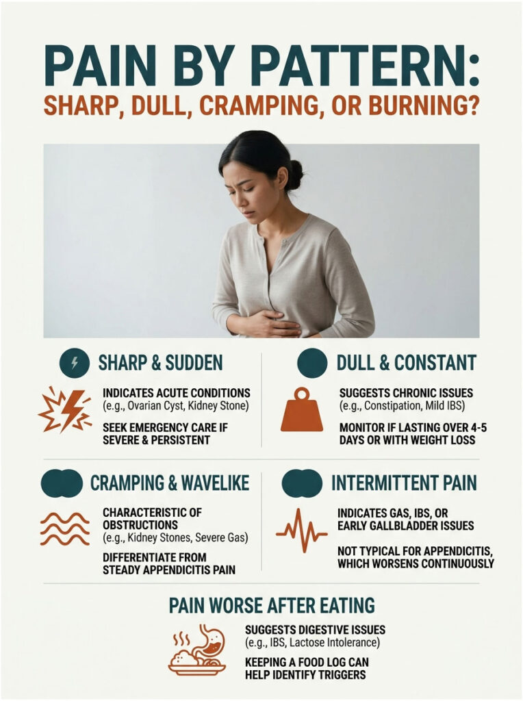 Infographic showing types of pain: sharp, dull, cramping, and burning with symptoms and suggestions for care.