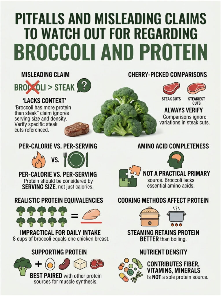 Infographic detailing misleading claims about broccoli and protein, featuring charts and icons on protein comparisons.
