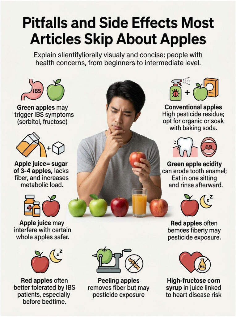 Infographic detailing pitfalls and side effects of apples, including health concerns and recommendations for consumption.