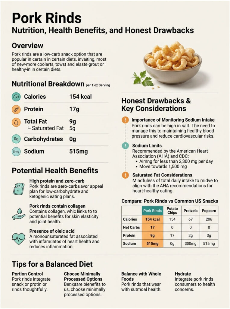 Infographic detailing pork rinds' nutrition, health benefits, and drawbacks, including charts and key data points.