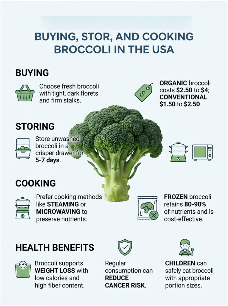 Infographic detailing buying, storing, and cooking broccoli with prices, methods, and health benefits.
