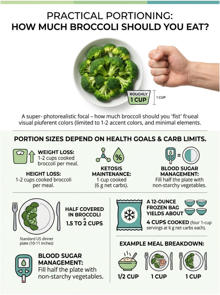 Infographic showing portion sizes of broccoli for weight loss, height loss, and blood sugar management with visuals.