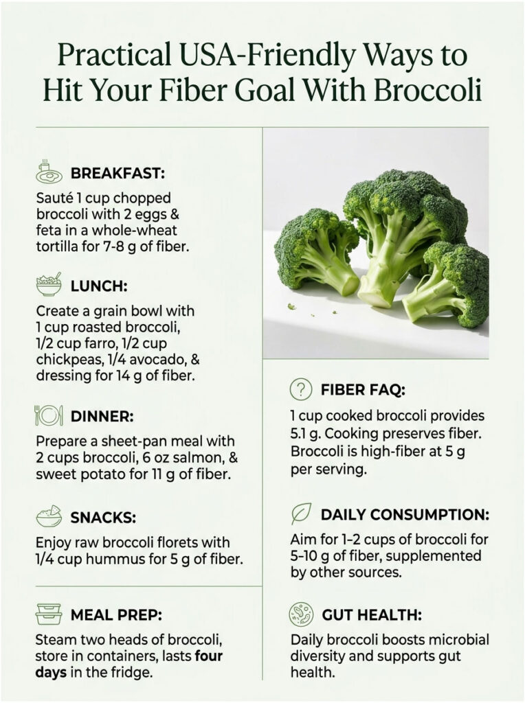 Infographic detailing fiber-rich meals with broccoli, including breakfast, lunch, dinner, snacks, and meal prep tips.