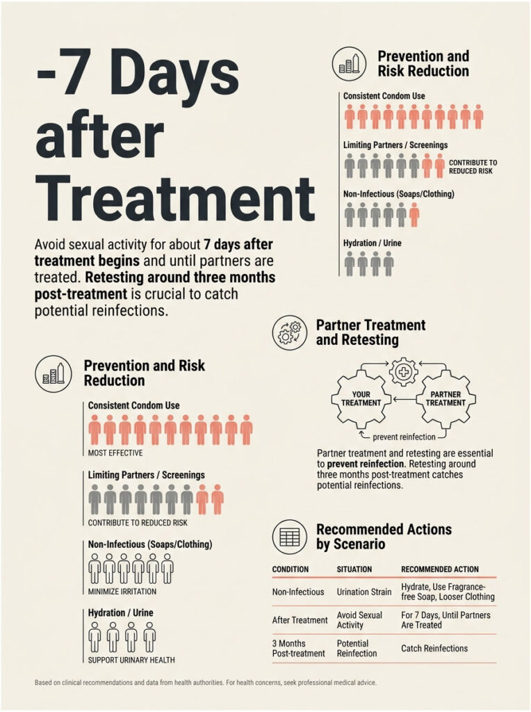 Infographic showing post-treatment guidelines, prevention methods, and recommended actions for sexual health.