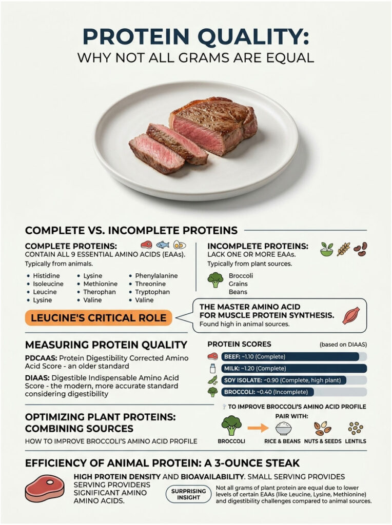 Infographic comparing complete and incomplete proteins with charts on protein quality and amino acids.