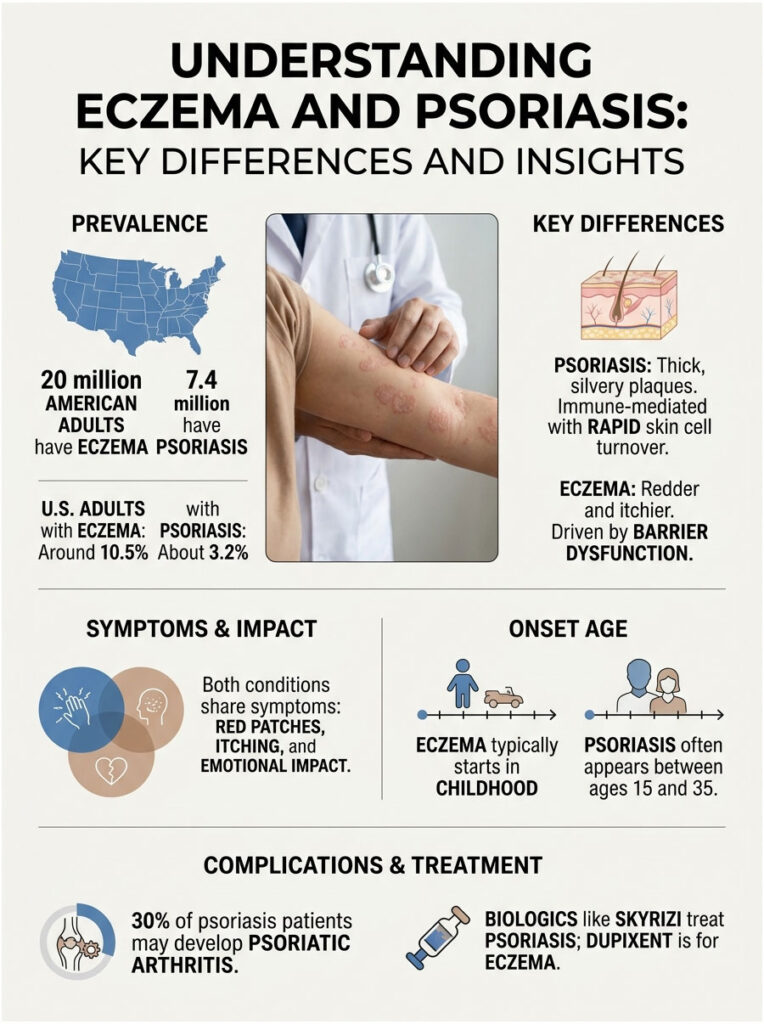 Infographic comparing eczema and psoriasis with statistics, symptoms, and treatment options illustrated.