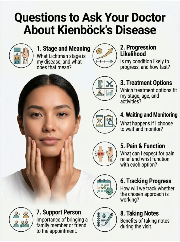Woman with hands on her face, surrounded by questions about Kienböck's disease treatment and management options.