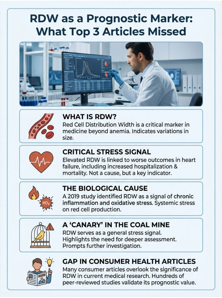 Infographic explaining RDW as a prognostic marker with sections on its definition, stress signals, and research gaps.