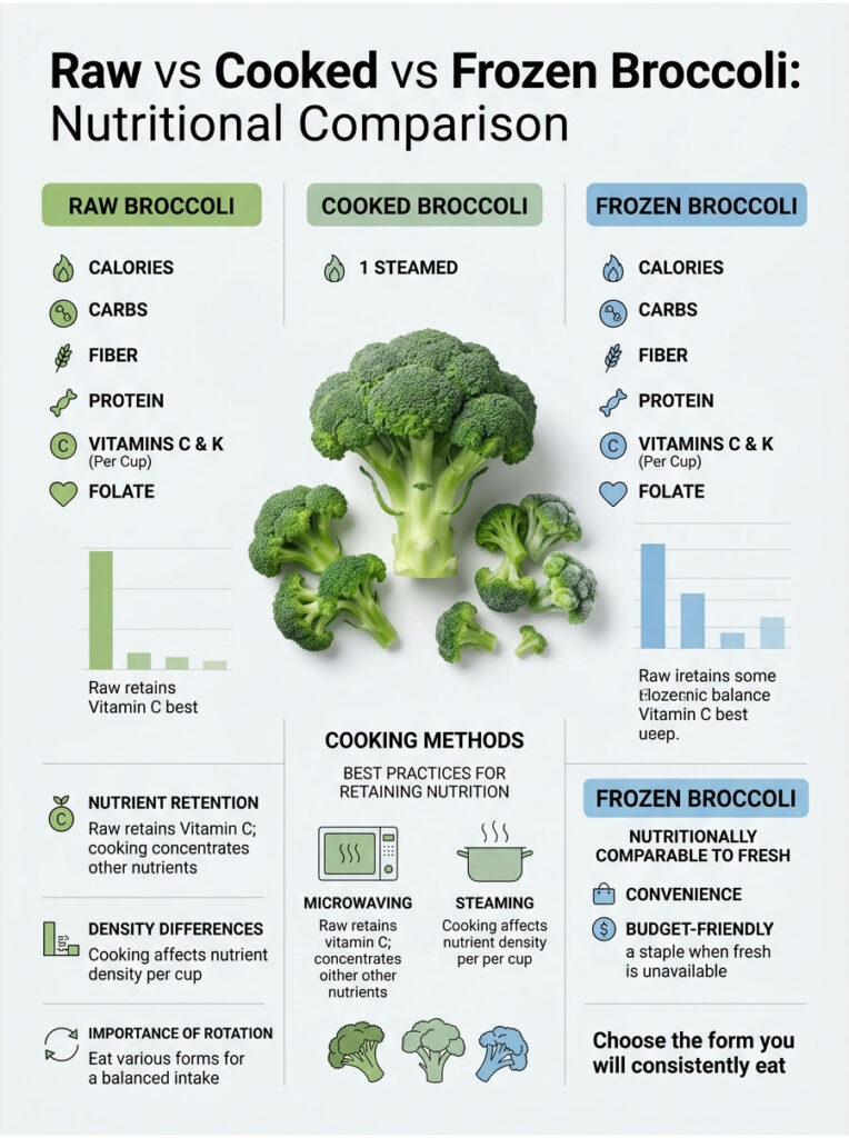 Infographic comparing nutritional values of raw, cooked, and frozen broccoli with charts and icons.