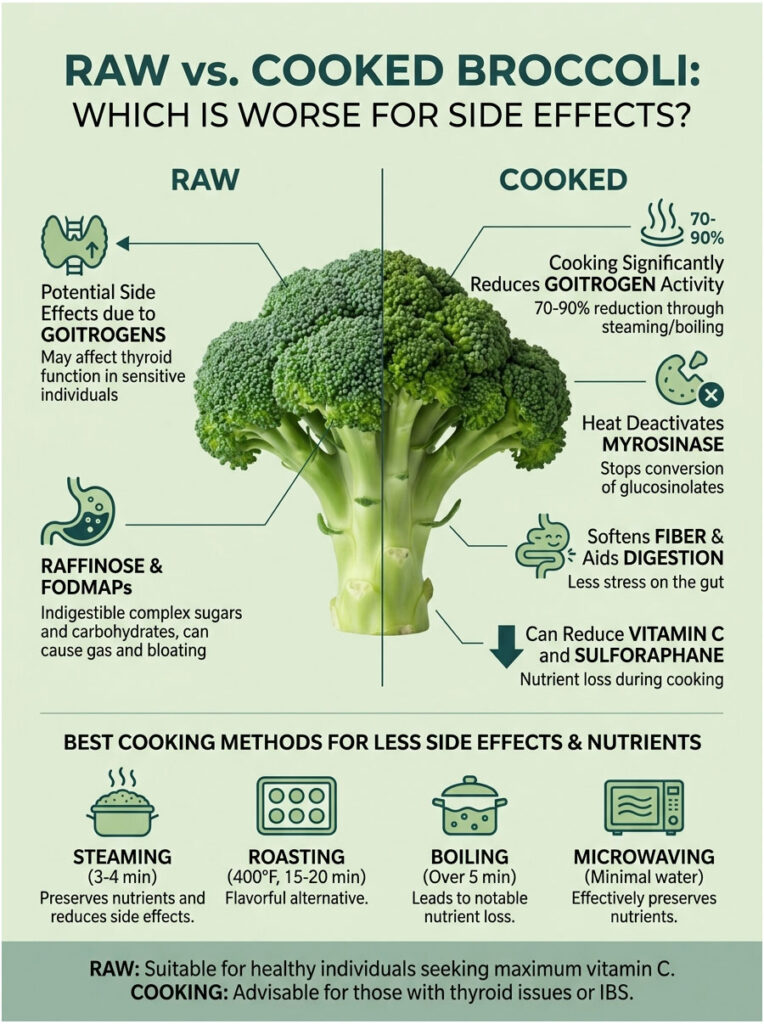 Infographic comparing raw and cooked broccoli side effects, showing benefits and cooking methods.