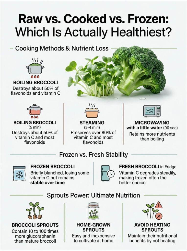 Infographic comparing nutrient loss in boiling, steaming, and microwaving broccoli, with visuals of broccoli and sprouts.