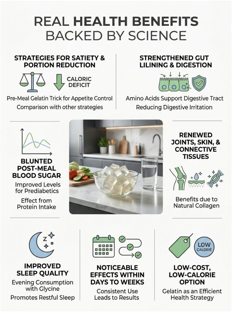 Infographic shows health benefits of gelatin, including digestion, blood sugar, and sleep quality improvements.