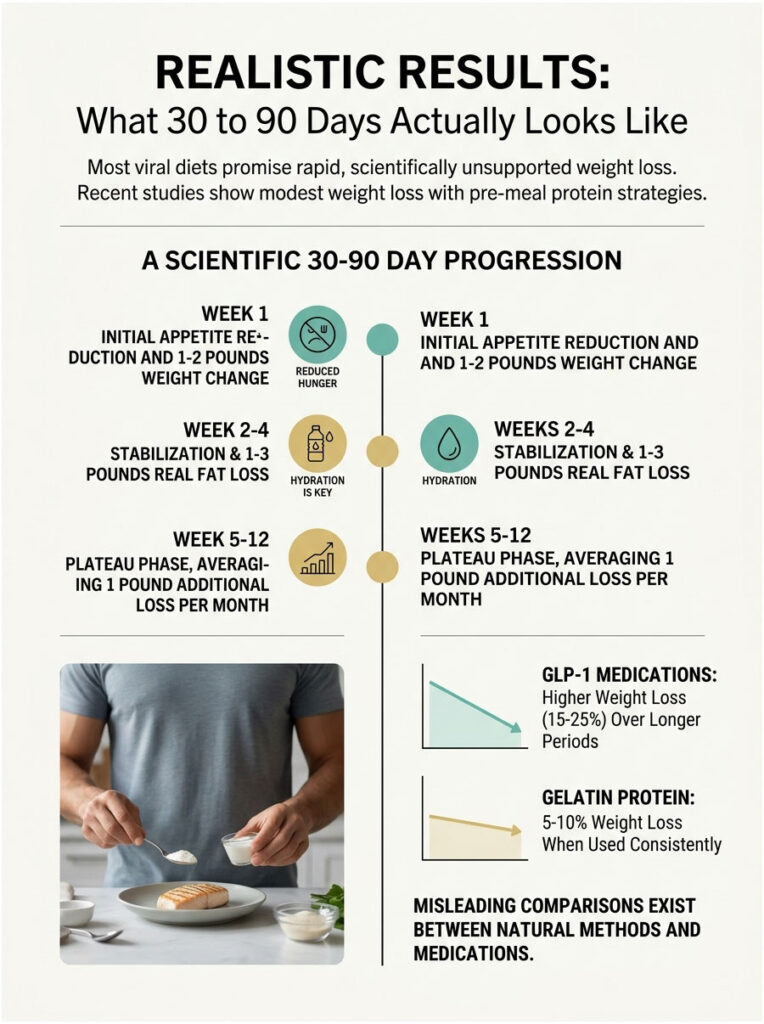 Infographic showing a 30-90 day weight loss progression with data on appetite reduction and fat loss.