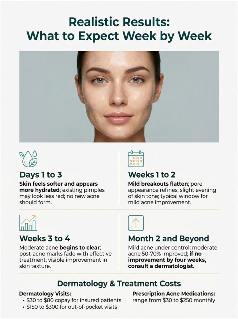 Infographic detailing skin improvement timeline and treatment costs for acne management.