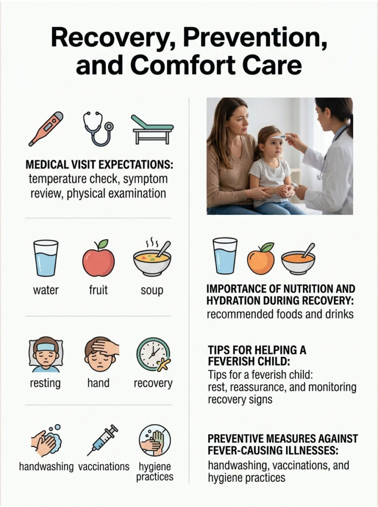 Infographic showing recovery, prevention, and comfort care tips with icons and text on medical expectations and nutrition.