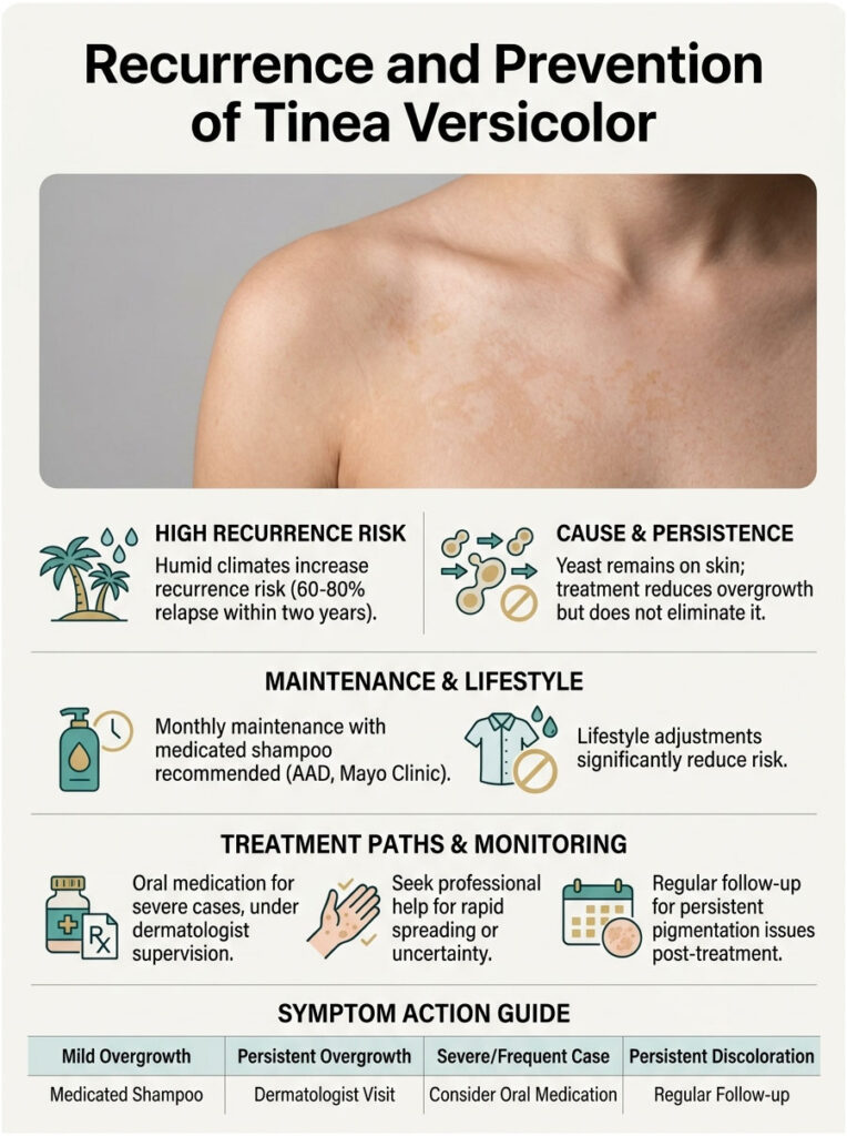 Infographic on Tinea Versicolor recurrence and prevention, showing skin symptoms, treatment paths, and lifestyle tips.
