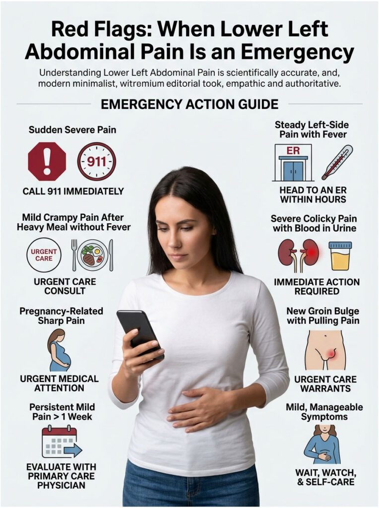 Infographic detailing emergency actions for lower left abdominal pain with icons and text instructions.