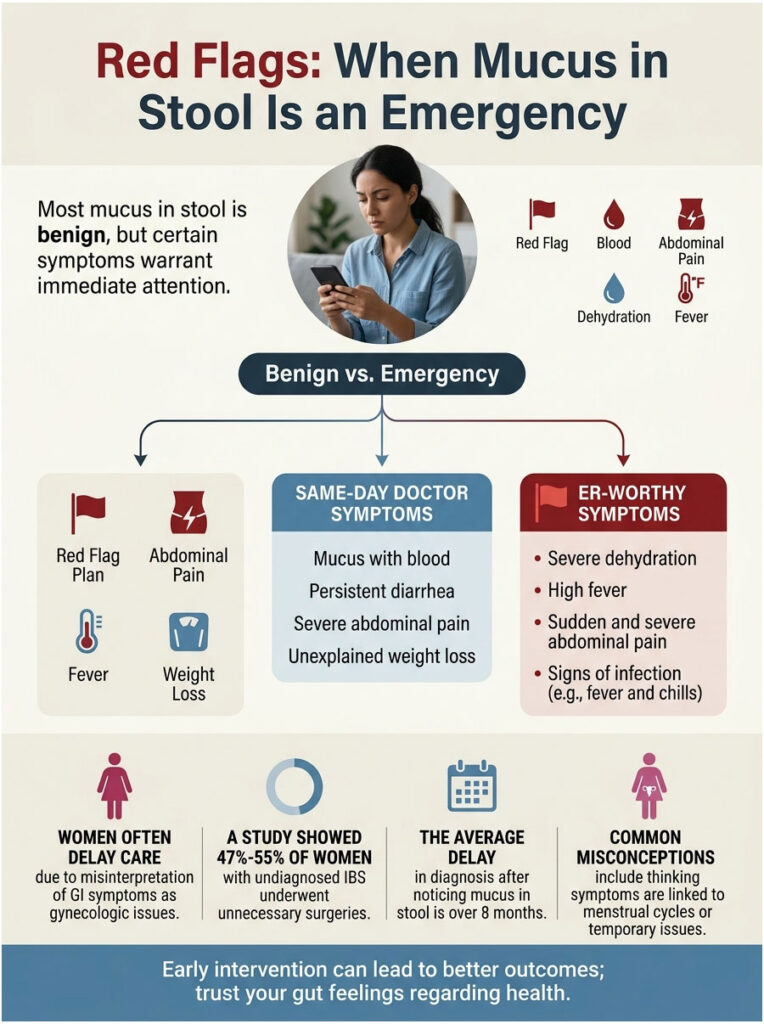 Infographic showing red flags for mucus in stool, highlighting benign vs emergency symptoms and statistics on women's health.