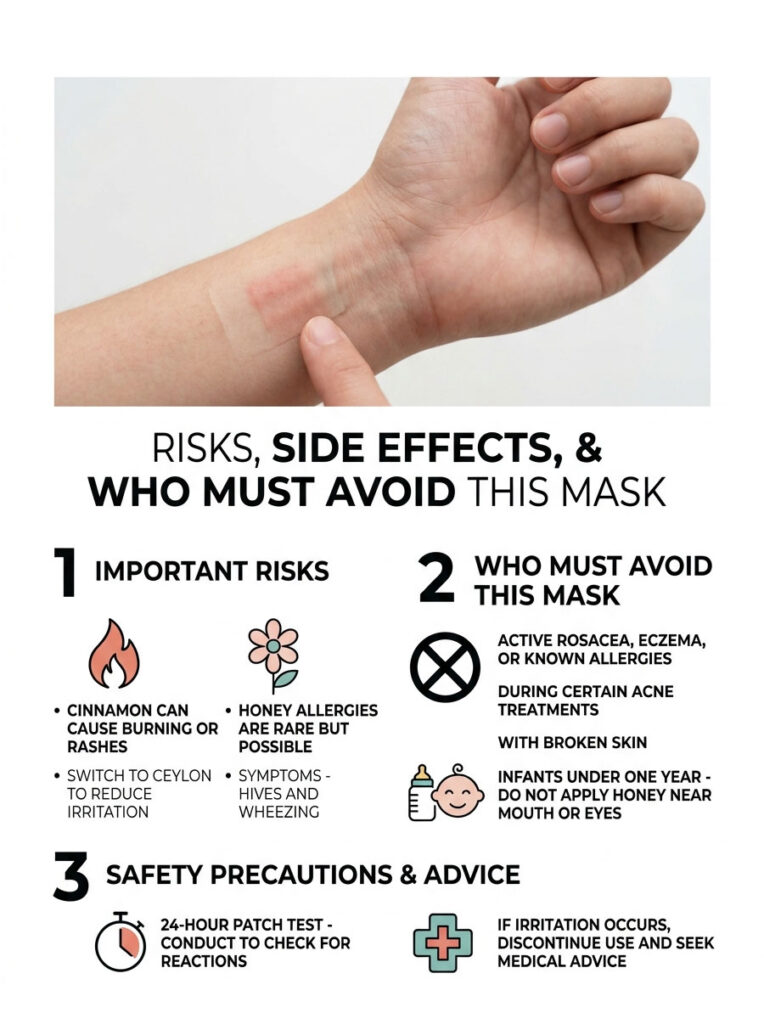 Infographic detailing risks, side effects, and precautions for a face mask, with icons and text instructions.