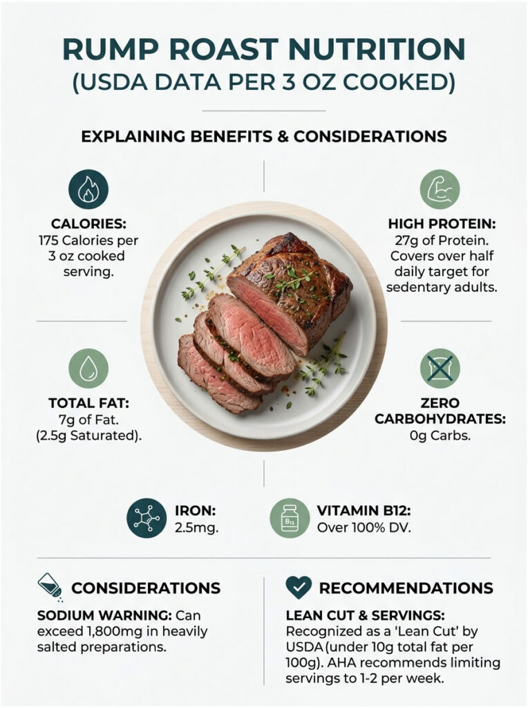 Rump roast nutrition infographic showing calories, protein, fat, iron, and vitamin B12 data per 3 oz cooked serving.